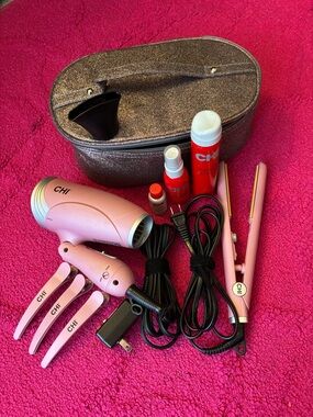 CHI Pink Travel Hair Dryer + Flat Iron Set